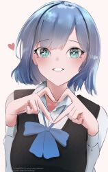 Rule 34 | 1girl, absurdres, aqua eyes, black sweater vest, blue bow, blue bowtie, blue hair, blush, bow, bowtie, clenched teeth, commentary, commission, cyrilashnmsh, heart, heart hands, highres, kurokawa akane, long sleeves, looking at viewer, oshi no ko, parted bangs, school uniform, shirt, short hair, simple background, smile, solo, spoken heart, star-shaped pupils, star (symbol), sweater vest, symbol-shaped pupils, teeth, twitter username, upper body, white background, white shirt