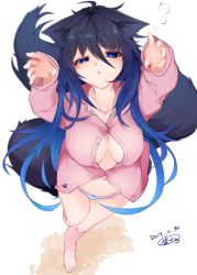 Rule 34 | 1girl, animal ears, barefoot, black hair, blue eyes, blue hair, breasts, dated, drooling, foreshortening, gradient hair, long hair, medium breasts, multicolored hair, no pants, open clothes, open shirt, original, outstretched arms, pajamas, panties, paw print, pink shirt, reku hisui, shirt, signature, sleepy, solo, striped clothes, striped panties, tail, underwear, white background, wolf ears, wolf tail, zombie pose
