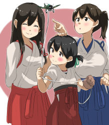 Rule 34 | 3girls, aircraft, airplane, akagi (kancolle), arm behind back, black hair, blue skirt, blush, bomb, breasts, brown eyes, brown gloves, closed eyes, closed mouth, explosive, gloves, hair between eyes, hand on another&#039;s head, highres, japanese clothes, kaga (kancolle), kantai collection, kasuga maru (kancolle), kimono, large breasts, long hair, medium hair, multiple girls, red skirt, simple background, skirt, small breasts, tama (tamago), torpedo