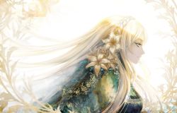 Rule 34 | 1girl, avodkabottle, blonde hair, braid, closed mouth, collaboration, commentary, eyeshadow, flower, flower request, from side, hair flower, hair ornament, long hair, long sleeves, makeup, original, profile, seiracchi, smile, solo, upper body, yellow eyes