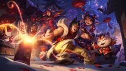 Rule 34 | animal ears, bag, biceps, black hair, bow, bowtie, breasts, cat ears, china dress, chinese clothes, chinese lantern (plant), chinese new year, city, cleavage, coin, crossed arms, diana (league of legends), dress, closed eyes, festival, firecracker diana, firecracker sett, firecracker tristana, firecracker xin zhao, fireworks, gauntlets, hat, helmet, highres, jacket, lantern, league of legends, lionsong, long hair, long sleeves, manly, muscular, muscular male, night, night sky, official art, one eye closed, open mouth, outdoors, pants, ponytail, poro (league of legends), red hair, sett (league of legends), shoes, shoulder pads, sky, sleeveless, smile, squatting, teemo, tight clothes, tight pants, tristana, v, veins, veiny arms, white fur, white hair, xin zhao, yordle