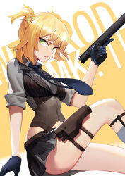 Rule 34 | 1girl, adson-(biao di), black gloves, blonde hair, bolt action, braid, breasts, corset, girls&#039; frontline, gloves, green eyes, gun, handgun, holding, holster, integral suppressor, integrally-suppressed firearm, looking to the side, manual firearm, medium breasts, necktie, open mouth, shirt, short hair, simple background, sitting, skirt, solo, suppressor, twintails, weapon, welrod, welrod mk ii, welrod mkii (girls&#039; frontline)