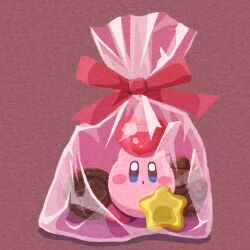 Rule 34 | :o, arms up, bag, blue eyes, blush stickers, bow, chocolate, colored skin, food, heart, highres, holding, holding heart, in bag, in container, kirby, kirby (series), miclot, nintendo, no humans, open mouth, pink background, pink bow, pink footwear, pink skin, plastic bag, shadow, shoes, solo, star (symbol), valentine