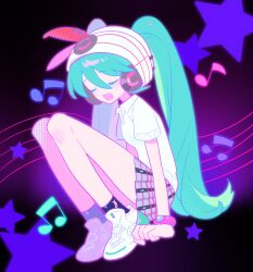 Rule 34 | 1girl, absurdres, ankle socks, aqua hair, arms at sides, bare legs, beamed eighth notes, black socks, bow, bracelet, breasts, closed eyes, collared shirt, creatures (company), dark background, dot nose, eighth note, eyelashes, full body, game freak, gradient background, grey skirt, hair between eyes, hair bow, halftone, happy, hatsune miku, headband, headphones, highres, jewelry, knees to chest, knees up, legs together, long hair, music, musical note, nintendo, official alternate costume, open mouth, plaid, plaid skirt, pleated skirt, pokemon, polo shirt, project voltage, psychic miku (project voltage), purple background, red bow, shirt, shoes, short sleeves, simple background, singing, skirt, slwii2, small breasts, sneakers, socks, solo, staff (music), star (symbol), starry background, swept bangs, tie clip, twintails, two-tone background, very long hair, vocaloid, white footwear, white headband, white shirt