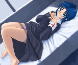 Rule 34 | 00s, 1girl, barefoot, blue hair, blush, breasts, ciel (tsukihime), glasses, katatsuka kouji, lying, medium breasts, on back, solo, tsukihime