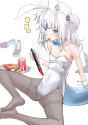 Rule 34 | 1girl, animal ears, blue bow, blue bowtie, blue eyes, blue hair, blunt bangs, blush, bow, bowtie, coca-cola, detached collar, fake animal ears, fins, fish tail, food, food in mouth, gawr gura, highres, hololive, hololive english, knees apart feet together, leotard, long hair, looking at viewer, mitsuru (pixiv 34028718), mouth hold, multicolored hair, nintendo switch, no shoes, notice lines, pantyhose, playboy bunny, pocky, rabbit ears, shark tail, shoes, unworn shoes, simple background, sitting, solo, strapless, strapless leotard, streaked hair, tail, two side up, virtual youtuber, white background, white hair, white leotard, wrist cuffs