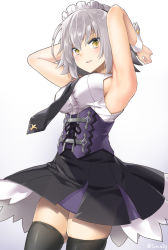 Rule 34 | 1girl, adapted costume, armpits, arms up, bare shoulders, black necktie, black skirt, black thighhighs, blush, breasts, clothes lift, commentary request, fate/apocrypha, fate/grand order, fate (series), gradient background, grey background, hair between eyes, jeanne d&#039;arc (fate), jeanne d&#039;arc (girl from orleans) (fate), jeanne d&#039;arc alter (avenger) (fate), jeanne d&#039;arc alter (fate), looking at viewer, maid headdress, medium breasts, meme attire, necktie, parted lips, pleated skirt, shirt, short hair, sideboob, silver hair, skirt, sleeveless, sleeveless shirt, solo, thighhighs, twitter username, tyone, v-shaped eyebrows, white background, white shirt, wrist cuffs, yellow eyes