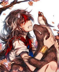 Rule 34 | bad id, bad pixiv id, bird, black hair, bracelet, claws, clenched teeth, cone horns, flower, from side, grey horns, highres, horns, jewelry, kijin seija, long hair, looking at viewer, looking to the side, profile, ratel, red eyes, red hair, sharp teeth, short sleeves, sitting, teeth, touhou, upper body, what, white hair, yudaoshan