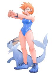 Rule 34 | 1girl, absurdres, bare arms, blue one-piece swimsuit, breasts, competition swimsuit, cowboy shot, creatures (company), female focus, game freak, gen 1 pokemon, gen 2 pokemon, green eyes, hair between eyes, highres, legs, medium breasts, misty (pokemon), nintendo, one-piece swimsuit, orange hair, pokemon, pokemon gsc, pokemon hgss, pokka melon, short hair, solo, standing, swimsuit, thighs, vaporeon