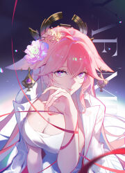 Rule 34 | 1girl, absurdres, alternate costume, breasts, change (1044080555), character name, cleavage, closed mouth, commentary request, dress, earrings, floppy ears, flower, genshin impact, hair flower, hair ornament, hand up, highres, jacket, jacket on shoulders, jewelry, large breasts, long hair, looking at viewer, pink flower, pink hair, purple eyes, red ribbon, ribbon, solo, upper body, white dress, yae miko