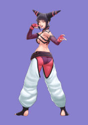Rule 34 | absurdres, ass, baggy pants, belt, black hair, breasts, cirenk, come hither, cone hair bun, drill hair, finger to tongue, fingerless gloves, from behind, full body, gloves, hair bun, han juri, highres, looking at viewer, pants, purple background, sideboob, simple background, street fighter, street fighter iv (series), toeless legwear, twin drills