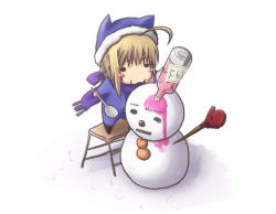 Rule 34 | 00s, 1girl, :3, ahoge, artoria pendragon (all), artoria pendragon (fate), blonde hair, blue scarf, chibi, fate/hollow ataraxia, fate/stay night, fate (series), food, hat, lowres, saber (fate), satomi (black scarecrow), scarf, shaved ice, snowman, solo, spoon
