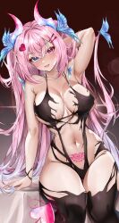 Rule 34 | 1girl, absurdres, black thighhighs, blue eyes, breasts, butterfly hair ornament, canaria (vtuber), demon girl, demon horns, demon tail, gradient horns, hair ornament, heart, heart-shaped pupils, heart hair ornament, heterochromia, highres, horns, indie virtual youtuber, large breasts, long hair, looking at viewer, multicolored horns, navel, pink hair, pointy ears, pubic tattoo, red eyes, revealing clothes, rinkosannn, second-party source, solo, symbol-shaped pupils, tail, tattoo, thighhighs, virtual youtuber