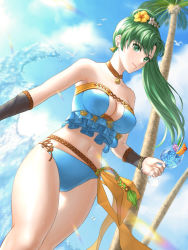 Rule 34 | 1girl, asymmetrical bangs, bare legs, bare shoulders, beach, bikini, bird, blue bikini, blue sky, breasts, choker, cleavage, closed mouth, cloud, cloudy sky, commentary, cowboy shot, cup, day, drinking glass, drinking straw, dutch angle, earrings, eyes visible through hair, female focus, fire emblem, fire emblem: the blazing blade, fire emblem heroes, flower, flower in drink, food, frilled bikini, frills, from below, fruit, green eyes, green hair, hair flower, hair ornament, holding, jewelry, large breasts, light rays, light smile, lips, long hair, looking at viewer, lyn (fire emblem), lyn (summer) (fire emblem), matching hair/eyes, midriff, navel, neck, necklace, nintendo, official alternate costume, orange (fruit), orange choker, orange slice, outdoors, palm tree, parted bangs, ponytail, sky, smile, solo, standing, strapless, strapless bikini, sunlight, swimsuit, thighs, tree, uni (uni9248), water, wet, white flower, wind, wine glass, yellow flower