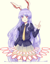 Rule 34 | 1girl, animal ears, bad id, bad pixiv id, beige background, black shirt, blouse, commentary request, cowboy shot, danmaku, hand up, highres, index finger raised, juliet sleeves, long hair, long sleeves, looking at viewer, necktie, open mouth, puffy sleeves, purple hair, rabbit ears, red eyes, reisen udongein inaba, shirt, sidelocks, simple background, skirt, solo, standing, touhou, uranaishi (miraura), very long hair, wing collar, yellow necktie, yellow skirt