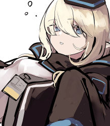 Rule 34 | 1girl, arknights, black hat, black jacket, blonde hair, blue eyes, breasts, durin (arknights), hair between eyes, hat, highres, jacket, looking at viewer, open clothes, open jacket, parted lips, pointy ears, shirt, simple background, small breasts, solo, tetuw, white background, white shirt
