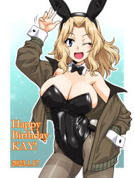 Rule 34 | 1girl, animal ears, blonde hair, blue eyes, breasts, cleavage, contrapposto, covered navel, dated, fake animal ears, forehead, girls und panzer, hair intakes, happy birthday, jacket, kay (girls und panzer), large breasts, leotard, long hair, long sleeves, one eye closed, oosaka kanagawa, open mouth, pantyhose, parted bangs, playboy bunny, rabbit ears, shiny clothes, smile, solo, thighband pantyhose, waving, wrist cuffs