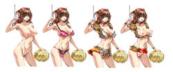 Rule 34 | 1girl, bra, brown eyes, brown hair, character sheet, cheerleader, choker, cleft of venus, clothes lift, clothes pull, costume chart, hair bobbles, hair ornament, heart, highres, lingerie, long image, looking at viewer, midriff, miniskirt, multiple persona, navel, nude, original, panties, pom pom (cheerleading), pubic hair, pussy, q azieru, shirt pull, simple background, skirt, skirt lift, standing, uncensored, underwear, underwear only, upskirt, variations, white background, wide image