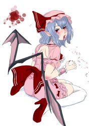 Rule 34 | 1girl, adapted costume, back, bat wings, blood, blood on face, blue hair, bow, earrings, fangs, from behind, full body, hat, hat ribbon, high heels, highres, jewelry, looking at viewer, looking back, md5 mismatch, mob cap, nail polish, open mouth, panzer (p.z), pointy ears, puffy sleeves, red eyes, remilia scarlet, resized, ribbon, shirt, short hair, short sleeves, simple background, sitting, skirt, skirt set, solo, touhou, white background, wings, wrist cuffs