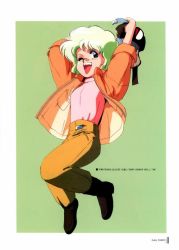 Rule 34 | 1980s (style), 1girl, :d, arms up, bandages, bandaid, blue eyes, boots, flat chest, gall force, goggles, green hair, jacket, jumping, non-web source, oldschool, one eye closed, open clothes, open jacket, open mouth, pants, retro artstyle, rumy, scan, short hair, sleeves rolled up, smile, solo, sonoda ken&#039;ichi, turtleneck, wink