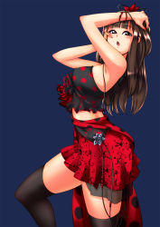 Rule 34 | 1girl, bare shoulders, black shirt, blue background, blunt bangs, blush, bracelet, breasts, brown eyes, brown hair, covered erect nipples, cowboy shot, female focus, flamenco outfit, hair ornament, highres, jewelry, long hair, looking at viewer, looking to the side, midriff, open mouth, polka dot, polka dot shirt, polka dot skirt, profile, red skirt, ryoi, shirt, simple background, skirt, sleeveless, sleeveless shirt, solo, standing, thighhighs, thighs, zettai ryouiki