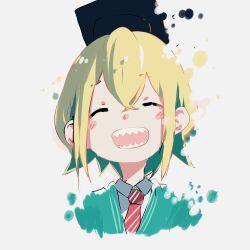 Rule 34 | 1girl, ^ ^, absurdres, amano pikamee, black hat, blonde hair, blush stickers, closed eyes, commentary, cropped torso, english commentary, facing viewer, hair between eyes, hat, highres, mortarboard, necktie, open mouth, portrait, raven mido, red necktie, sharp teeth, short hair, sidelocks, simple background, smile, solo, teeth, virtual youtuber, voms, white background