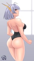 Rule 34 | 1girl, antenna hair, ass, bare shoulders, blue eyes, blush, breasts, from behind, hairband, highres, langrisser, langrisser ii, leotard, looking at viewer, medium breasts, rocky-ace, sherry (langrisser), shiny skin, short hair, sideboob, silver hair, smile, solo