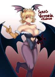 Rule 34 | 1girl, amputee, bare shoulders, bat wings, black leotard, blonde hair, blush, breasts, character name, cleavage, clothing cutout, collarbone, cosplay, demon girl, eyebrows, fur trim, gloves, gradient background, grin, head wings, heart, heart cutout, hellsing, highleg, highleg leotard, highres, large breasts, leg up, leotard, long hair, morrigan aensland, morrigan aensland (cosplay), multiple wings, navel, navel cutout, no shoes, one eye covered, pantyhose, pointing, purple pantyhose, red background, red eyes, seras victoria, smile, solo, standing, standing on one leg, strapless, the golden smurf, twintails, vampire (game), wings