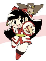Rule 34 | 1girl, ainu clothes, black eyes, breasts, chibi, fingerless gloves, gloves, highres, legs, long hair, mamahaha, nakoruru, open mouth, outstretched arm, pants, samurai spirits, small breasts, smile, snk, the king of fighters, thighs, weapon
