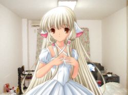 Rule 34 | 00s, 1girl, blonde hair, breasts, brown eyes, chii, chobits, covering privates, covering breasts, dress, game cg, holding, long hair, robot ears, very long hair