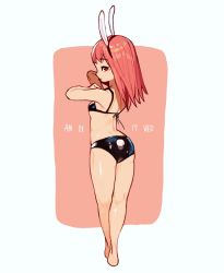 Rule 34 | 1girl, arms up, ass, bare legs, barefoot, bikini, black bikini, breasts, from behind, highres, long hair, original, pink background, pink hair, profile, rinotuna, shiny swimsuit, simple background, small breasts, solo, swimsuit