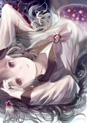 Rule 34 | 1girl, bad id, bad pixiv id, black cat, black hair, cat, closed mouth, copyright request, eyebrows, glass, grey hair, hair ornament, hands on own head, highres, holding, holding own hair, jewelry, lens flare, long hair, looking at viewer, navel, necklace, opopowa, original, out of frame, pendant, ribbon, sailor collar, shirt, sky, solo, sparkle, star (sky), star (symbol), star hair ornament, star print, starry sky, upside-down, white hair, white shirt