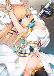 Rule 34 | &gt;:), 1girl, aircraft, aircraft request, armpits, ass, azur lane, black panties, black thighhighs, blonde hair, blue eyes, blush, bouncing breasts, breasts, character name, cisyo, cleavage, commentary request, copyright name, covered erect nipples, cowboy shot, dress, flight deck, floating hair, from side, hands up, highres, jewelry, large breasts, laurel crown, long hair, looking at viewer, multicolored hair, outstretched arms, panties, ribbon, rigging, see-through, sleeveless, sleeveless dress, solo, sparkling eyes, standing, stomach, thighhighs, turret, two-tone hair, underwear, v-shaped eyebrows, veil, victorious (azur lane), white dress, wrist ribbon