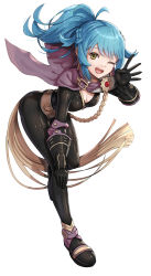 Rule 34 | 1girl, ;d, ass, belt, bent over, black bodysuit, black gloves, blue eyes, blurry, blurry background, bodysuit, border, braid, breasts, cape, cleavage, elbow gloves, fire emblem, fire emblem heroes, full body, gloves, gonzarez, hand on own knee, highres, long hair, looking at viewer, medium breasts, nintendo, one eye closed, open mouth, outside border, ponytail, purple cape, reginn (fire emblem), simple background, smile, solo, white background, yellow eyes