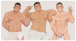 Rule 34 | 3boys, abs, after bathing, amaimao, arm on another&#039;s shoulder, armpit hair, armpit hair peek, armpit stubble, bara, blush, bulge, contrapposto, covering crotch, covering privates, cowboy shot, dark-skinned male, dark skin, facial hair, forehead blush, goatee stubble, hairy, heart, highres, large pectorals, looking at viewer, male focus, male pubic hair, mature male, multiple boys, muscular, muscular male, mustache stubble, navel, navel hair, nipples, nude cover, original, pectorals, pubic hair, sanpaku, short hair, shy, sparse chest hair, sparse navel hair, standing, stomach, strongman waist, stubble, sweat, thick eyebrows, topless male, towel, towel around waist, tsurime, undercut, v, veins, veiny arms, very sweaty, waving, wet