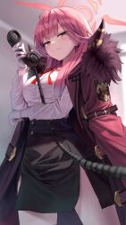 Rule 34 | 1girl, arm under breasts, aru (blue archive), black skirt, blue archive, blush, buckle, closed mouth, coat, coat on shoulders, corded phone, demon horns, fur-trimmed coat, fur trim, gloves, halo, high-waist skirt, highres, holding, holding phone, horns, long coat, long hair, looking at viewer, neck ribbon, open clothes, open coat, pencil skirt, phone, pink hair, red coat, red ribbon, ribbon, shirt, side slit, skirt, solo, superpig, white gloves, white shirt, yellow eyes