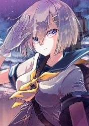 Rule 34 | 1girl, 496mm, blue eyes, breasts, cloud, commentary request, gloves, gradient sky, hair ornament, hair over one eye, hairclip, hamakaze (kancolle), highres, kantai collection, large breasts, looking at viewer, machinery, making-of available, neckerchief, salute, school uniform, serafuku, short hair, silver hair, sky, solo, upper body, white gloves, yellow neckerchief