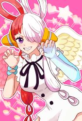 Rule 34 | angel wings, asymmetrical wings, bent over, breasts, commentary request, dress, fingerless gloves, gloves, grin, hair over one eye, hair rings, headphones, heart, highres, large breasts, mismatched wings, multicolored hair, one piece, one piece film: red, purple eyes, red hair, short dress, single fingerless glove, smile, split-color hair, star (symbol), two-tone hair, uta (one piece), white dress, white hair, wings, wrist cuffs, yuurururun