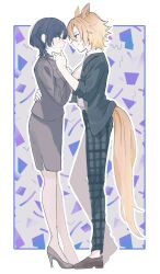 Rule 34 | 2girls, aged up, black jacket, black pants, blue hair, brown jacket, brown suit, collared shirt, commentary request, dark blue hair, ear piercing, eye contact, face-to-face, female trainer (umamusume), formal, full body, grabbing another&#039;s chin, grey background, hand on another&#039;s back, hand on another&#039;s chin, high heels, jacket, kiyo (kiyo121198121), lapels, looking at another, motion lines, multiple girls, office lady, orange hair, orange tail, outline, pants, parted lips, pencil skirt, piercing, plaid, plaid pants, shirt, short hair, skirt, skirt suit, sleeves rolled up, standing, suit, suit jacket, t.m. opera o (umamusume), tiptoes, tomboy, trainer (umamusume), umamusume, white outline, white shirt, yuri