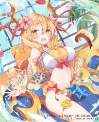 Rule 34 | 1girl, :d, bandeau, bare shoulders, blonde hair, bow, breasts, commentary request, copyright name, crop top, flower, frills, hair between eyes, hair flower, hair ornament, headgear, large breasts, long hair, looking at viewer, microskirt, midriff, navel, official art, open mouth, orange skirt, panties, petals, pink flower, red bow, riding, rose, satsuki mayuri, skirt, smile, solo, stomach, tail, underwear, water, watermark, white panties, yellow eyes, z/x