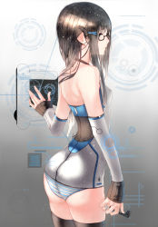 Rule 34 | 1girl, ass, bad id, bad pixiv id, black hair, blue panties, choker, detached sleeves, glasses, gradient hair, hadean92, hair ornament, hairclip, highres, jewelry, key, long hair, multicolored hair, no pants, original, panties, revision, ring, solo, striped clothes, striped panties, thighhighs, underwear, white hair