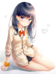 Rule 34 | 10s, 1girl, arm support, bad id, bad pixiv id, black hair, black skirt, blue eyes, bow, bowtie, breasts, buttons, cardigan, collared shirt, commentary request, emblem, gridman universe, heart, highres, kyubi (99b 1226), long hair, looking at viewer, medium breasts, microskirt, orange scrunchie, parted lips, red bow, red bowtie, scrunchie, shadow, shirt, sitting, skirt, solo, ssss.gridman, takarada rikka, thighs, white cardigan, white shirt, wrist scrunchie, yokozuwari