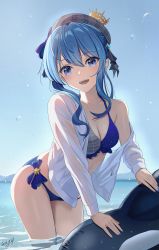 Rule 34 | 1girl, :d, beret, bikini, blue bikini, blue eyes, blue hair, blue nails, blue sky, breasts, cleavage, contrapposto, cowboy shot, crown, halterneck, hat, highres, hip focus, hololive, hoshimachi suisei, hoshimachi suisei (1st costume), inflatable toy, jacket, leaning on object, looking at viewer, may9, mini crown, nail polish, ocean, open mouth, orca, plaid headwear, side-tie bikini bottom, sidelocks, single bare shoulder, sky, small breasts, smile, solo, swimsuit, teeth, thighs, upper teeth only, virtual youtuber, water, wet, wet clothes, white jacket
