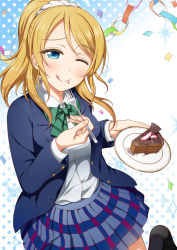 Rule 34 | 10s, 1girl, ;q, ayase eli, bad id, bad pixiv id, black footwear, blazer, blonde hair, blue eyes, bow, bowtie, cake, cake slice, collared shirt, commentary request, confetti, food, food on face, fork, green bow, green bowtie, jacket, licking lips, love live!, love live! school idol project, one eye closed, paper chain, plaid, plaid skirt, polka dot, polka dot background, ponytail, school uniform, scrunchie, shirt, shoes, skirt, solo, sparkle, striped bow, striped bowtie, striped clothes, striped neckwear, suzume miku, tongue, tongue out, white scrunchie, white shirt