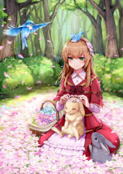 1girl, absurdres, animal, animal on head, animal on lap, arms up, bangs, basket, bird, bird on head, blush, bow, bowtie, brown hair, bunny, commentary request, day, dress, eyebrows visible through hair, field, flower, flower field, forest, green eyes, hair flower, hair ornament, head wreath, highres, layered dress, long hair, long sleeves, looking down, nature, on head, original, outdoors, petals, purple shirt, red dress, red neckwear, ruri-urasue-1224, shirt, shirt under dress, sitting, smile, solo, symbol commentary, wariza