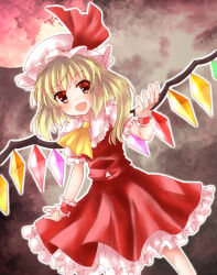 Rule 34 | 1girl, :d, ascot, blonde hair, blush, collared shirt, commentary request, crystal, fang, feet out of frame, flandre scarlet, flat chest, frilled shirt collar, frilled skirt, frilled sleeves, frills, hat, hat ribbon, looking at viewer, medium hair, mob cap, momozakura nanao, one side up, open mouth, red eyes, red ribbon, red skirt, red vest, ribbon, shirt, short sleeves, skin fang, skirt, skirt set, smile, solo, touhou, vest, white hat, white shirt, wings, wrist cuffs, yellow ascot