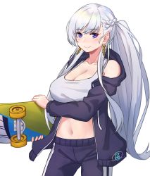Rule 34 | 1girl, absurdres, after3310, azur lane, belfast (azur lane), blue jacket, blush, breasts, cleavage, closed mouth, collarbone, crop top, earrings, high ponytail, highres, holding, holding skateboard, jacket, jewelry, large breasts, long hair, midriff, navel, open clothes, open jacket, pants, ponytail, purple eyes, shirt, silver hair, skateboard, smile, sports bra, standing, track pants, white background, white shirt