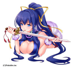 Rule 34 | 1girl, :p, bad id, bad pixiv id, blue eyes, blue hair, blush, breasts, hizuki akira, holding, holding weapon, jewelry, large breasts, long hair, looking at viewer, lying, matching hair/eyes, necklace, original, ponytail, sangoku infinity, smile, solo, sword, tongue, tongue out, weapon, white background