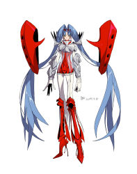 Rule 34 | 1girl, absurdres, armor, blue hair, breastplate, closed mouth, dated, earrings, floating, gloves, high heels, highres, jewelry, long arms, long fingers, long hair, naji yanagida, original, red footwear, resolution mismatch, see-through, signature, simple background, solo, source larger, twintails, vambraces, very long hair, white background, white gloves, yellow eyes
