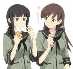 Rule 34 | 10s, 2girls, bad id, bad pixiv id, black hair, blunt bangs, braid, brown hair, clenched hand, food, food on face, highres, ice cream, ice cream on face, juice box, kantai collection, kisetsu, kitakami (kancolle), long hair, multiple girls, ooi (kancolle), personification, school uniform, serafuku, skirt, squeezing